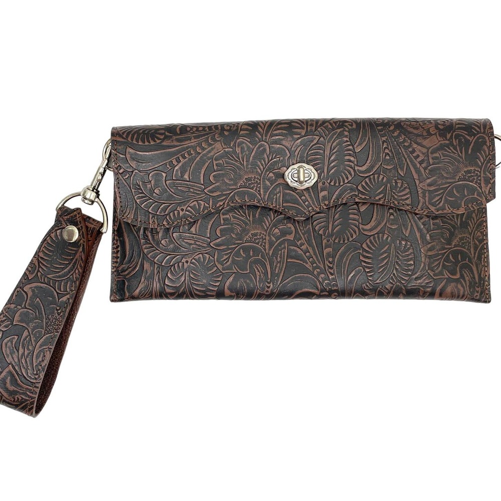 Western Brown Tooled Leather Wristlet Clutch